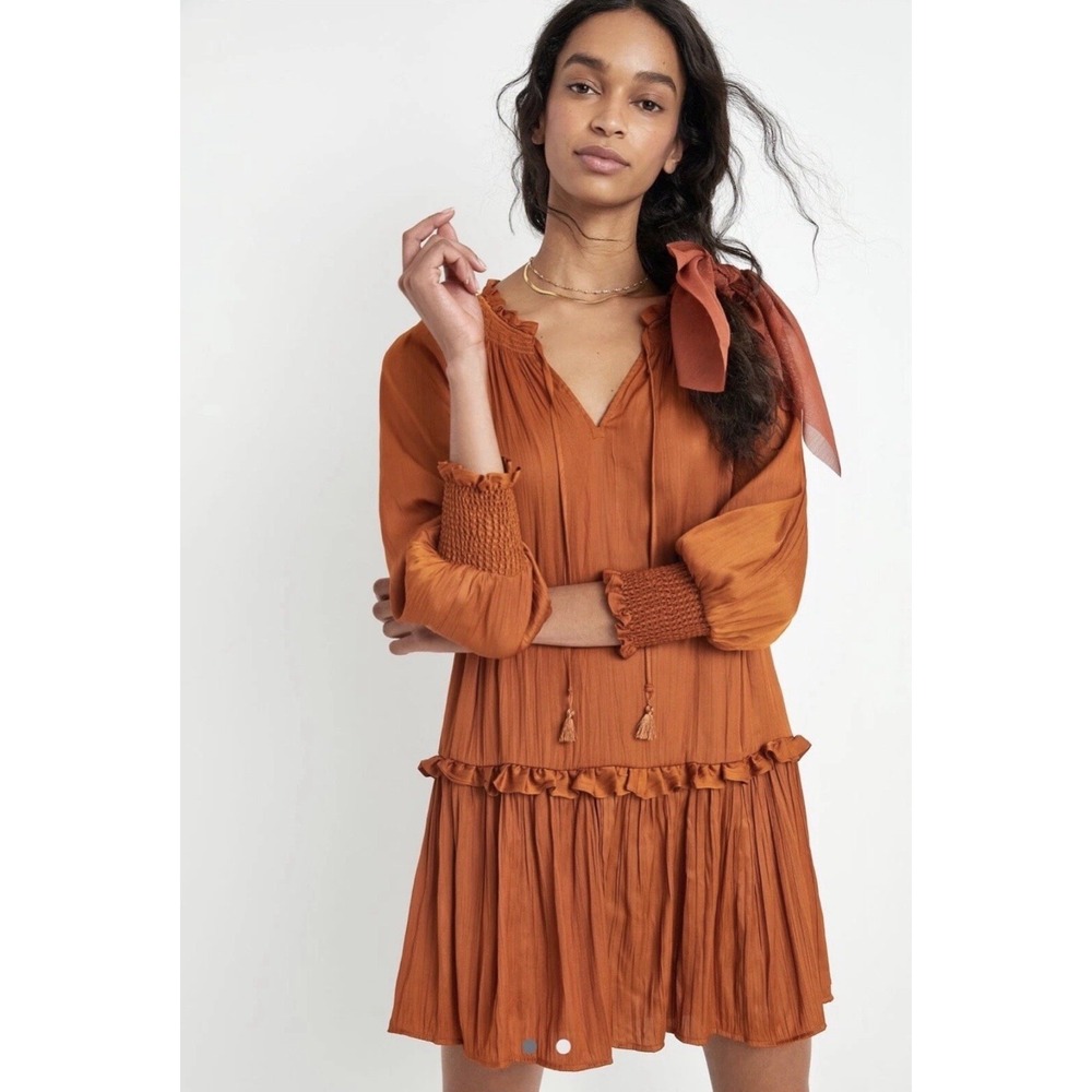 Anthropologie Giulia Tunic Dress Size Large Rust Boho Peasant Ruffle Mini
